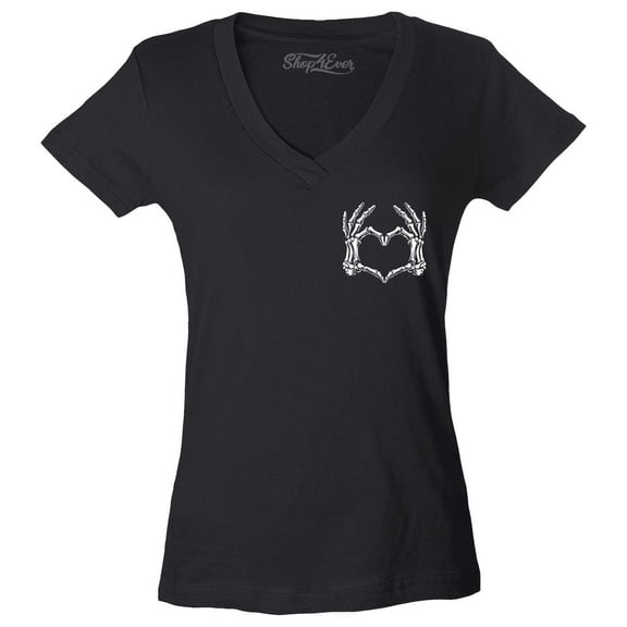 Shop4Ever Women's Skeleton Heart Hands Pocket Size Slim Fit V-Neck T-Shirt Large Black
