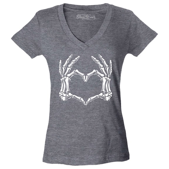 Shop4Ever Women's Skeleton Heart Hands Slim Fit V-Neck T-Shirt Large Heather Charcoal