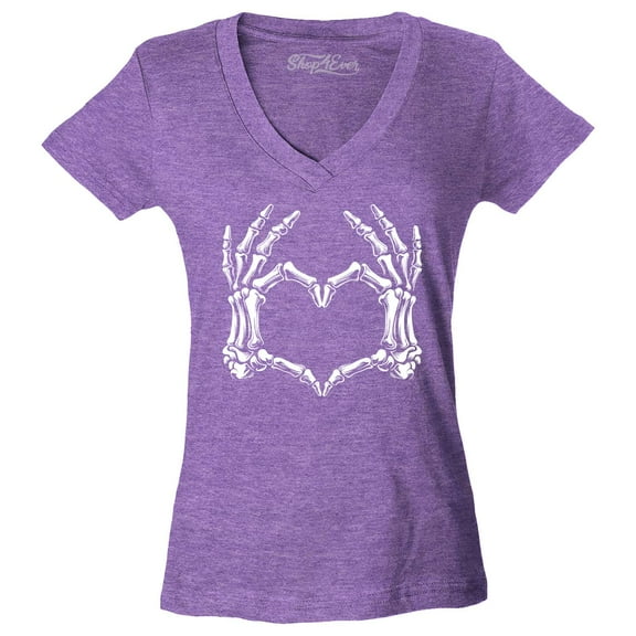 Shop4Ever Women's Skeleton Heart Hands Slim Fit V-Neck T-Shirt Medium Heather Purple