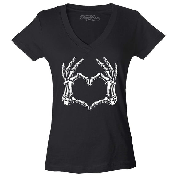 Shop4Ever Women's Skeleton Heart Hands Slim Fit V-Neck T-Shirt XX-Large Black