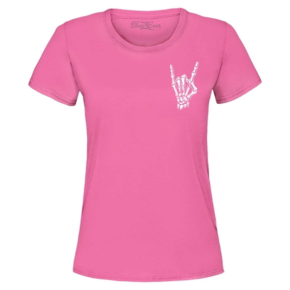 Shop4Ever Women's Skeleton Pocket Size Rock N' Roll Hand Sign Pocket Size Graphic T-Shirt Small Azalea Pink