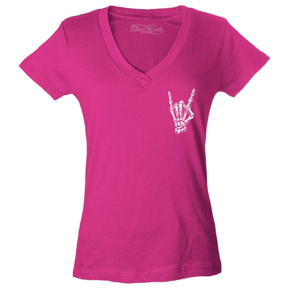 Shop4Ever Women's Skeleton Pocket Size Rock N' Roll Hand Sign Pocket Size Slim Fit V-Neck T-Shirt X-Large Pink