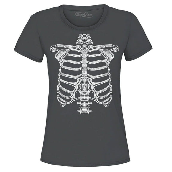 Shop4Ever Women's Skeleton Ribcage Skull Halloween Costume Graphic T-Shirt Medium Charcoal