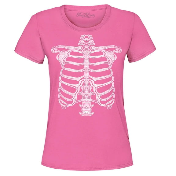 Shop4Ever Women's Skeleton Ribcage Skull Halloween Costume Graphic T-Shirt Small Azalea Pink