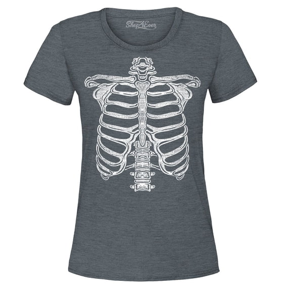 Shop4Ever Women's Skeleton Ribcage Skull Halloween Costume Graphic T-Shirt Small Dark Heather