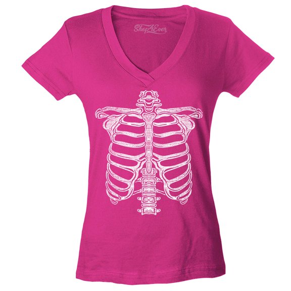 Shop4Ever Women's Skeleton Ribcage Skull Halloween Costume Slim Fit V-Neck T-Shirt Medium Pink