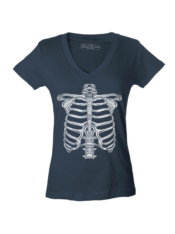 Women's Skeleton Ribcage Skull Halloween Costume Slim Fit V-Neck T-Shirt Small Charcoal