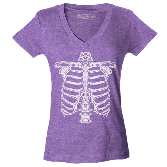 Shop4Ever Women's Skeleton Ribcage Skull Halloween Costume Slim Fit V-Neck T-Shirt Small Heather Purple
