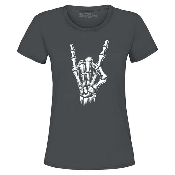 Shop4Ever Women's Skeleton Rock N' Roll Hand Sign Graphic T-Shirt Small Charcoal