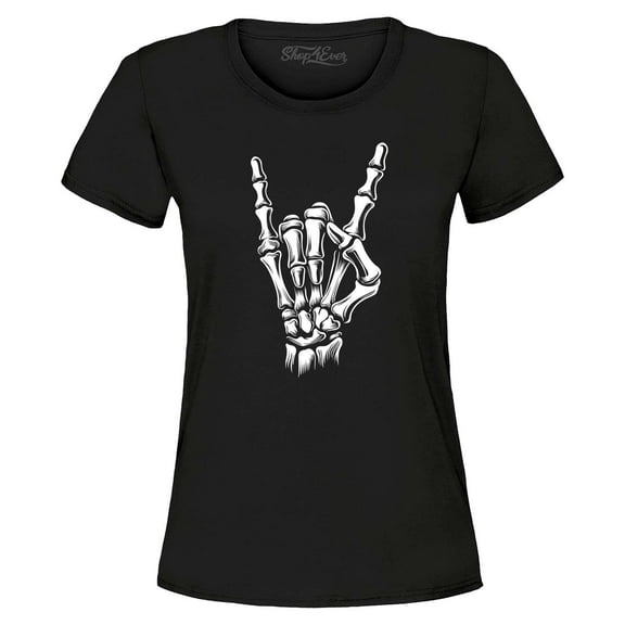 Shop4Ever Women's Skeleton Rock N' Roll Hand Sign Graphic T-Shirt XXX-Large Black