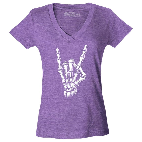 Shop4Ever Women's Skeleton Rock N' Roll Hand Sign Slim Fit V-Neck T-Shirt Large Heather Purple