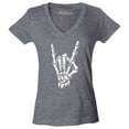 thumbnail image 1 of Shop4Ever Women's Skeleton Rock N' Roll Hand Sign Slim Fit V-Neck T-Shirt X-Large Heather Charcoal, 1 of 5