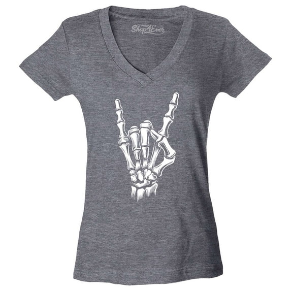 Shop4Ever Women's Skeleton Rock N' Roll Hand Sign Slim Fit V-Neck T-Shirt X-Large Heather Charcoal