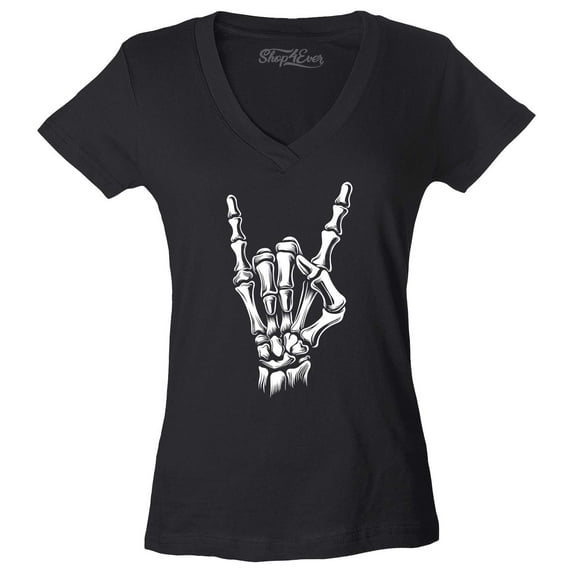 Shop4Ever Women's Skeleton Rock N' Roll Hand Sign Slim Fit V-Neck T-Shirt X-Small Black