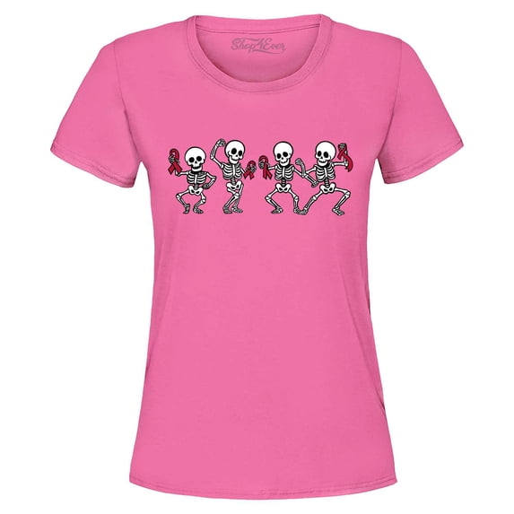 Shop4Ever Women's Skeletons With Pink Ribbons Graphic T-Shirt Medium Azalea Pink