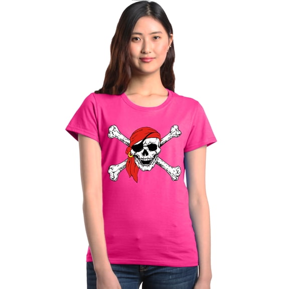 Shop4Ever Women's Skull and Crossbones Pirate Flag Graphic T-Shirt Large Heliconia Pink