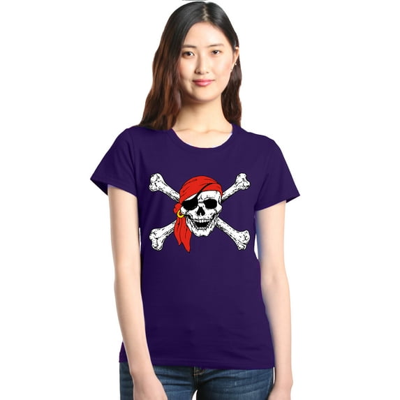 Shop4Ever Women's Skull and Crossbones Pirate Flag Graphic T-Shirt Large Purple