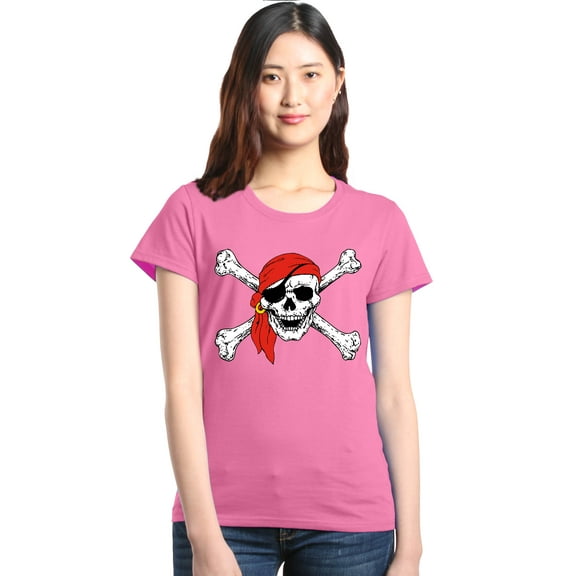 Shop4Ever Women's Skull and Crossbones Pirate Flag Graphic T-Shirt Medium Azalea Pink