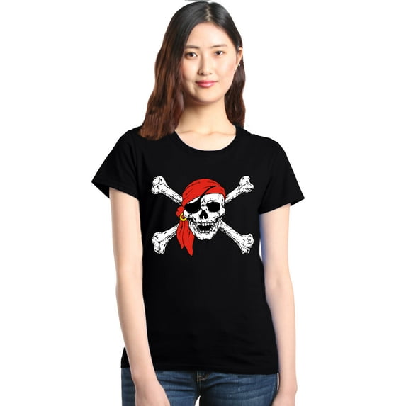 Shop4Ever Women's Skull and Crossbones Pirate Flag Graphic T-Shirt X-Large Black