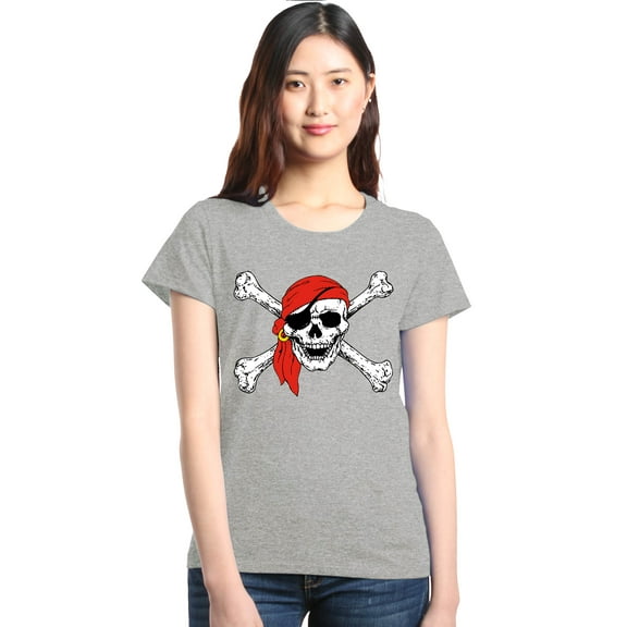Shop4Ever Women's Skull and Crossbones Pirate Flag Graphic T-Shirt X-Large Sports Grey