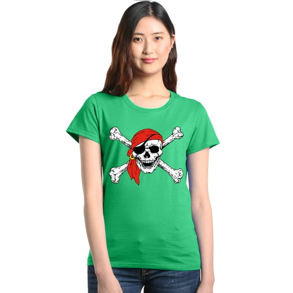 Shop4Ever Women's Skull and Crossbones Pirate Flag Graphic T-Shirt XXX-Large Irish Green