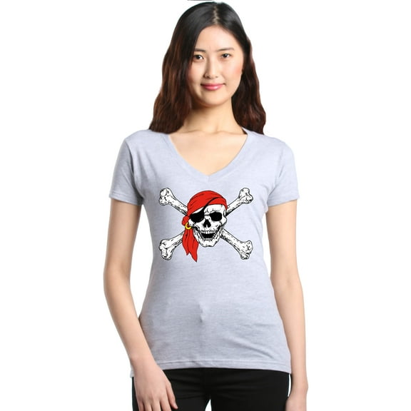 Shop4Ever Women's Skull and Crossbones Pirate Flag Slim Fit V-Neck T-Shirt Medium Sports Grey