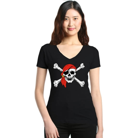 Shop4Ever Women's Skull and Crossbones Pirate Flag Slim Fit V-Neck T-Shirt X-Large Black
