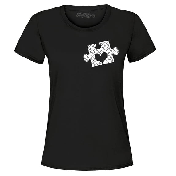 Shop4Ever Women's Small Heart Puzzle Piece Autism Awareness Graphic T-Shirt X-Large Black