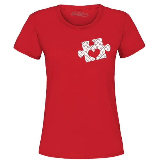 Shop4Ever Women's Small Heart Puzzle Piece Autism Awareness Graphic T-Shirt X-Large Red