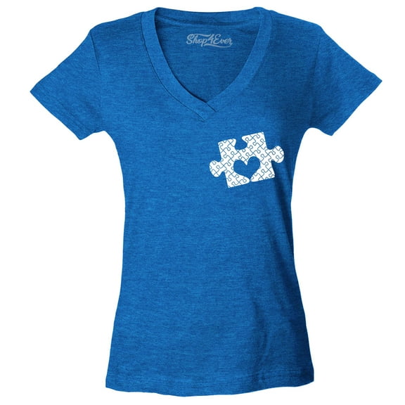 Shop4Ever Women's Small Heart Puzzle Piece Autism Awareness Slim Fit V-Neck T-Shirt Large Heather Royal Blue