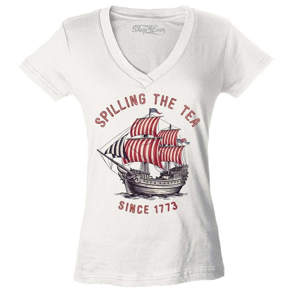Shop4Ever Women's Spilling The Tea Since 1773 Slim Fit V-Neck T-Shirt X-Small White
