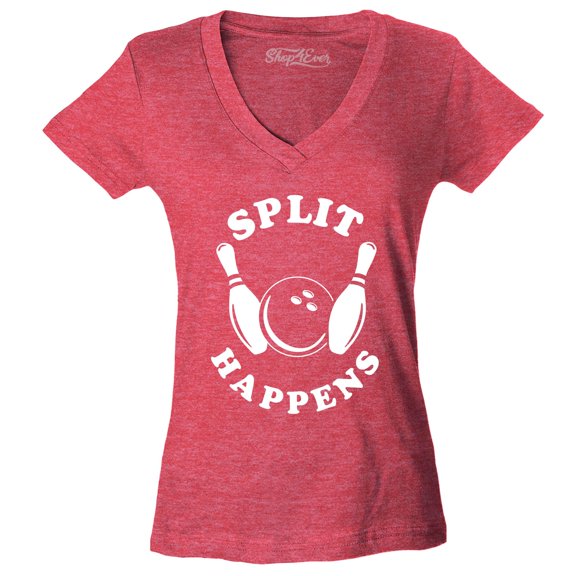 Shop4Ever Women's Split Happens Funny Bowling Slim Fit V-Neck T-Shirt X-Small Heather Red