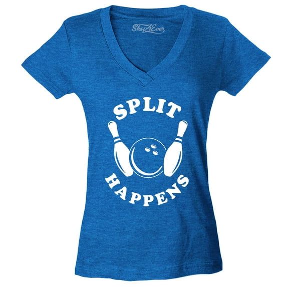 Shop4Ever Women's Split Happens Funny Bowling Slim Fit V-Neck T-Shirt X-Small Heather Royal Blue