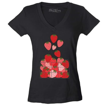 Shop4Ever Women's Strawberry Basket Cottagecore Slim Fit V-Neck T-Shirt Medium Black