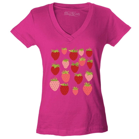 Shop4Ever Women's Strawberry Cottagecore Slim Fit V-Neck T-Shirt Medium Pink