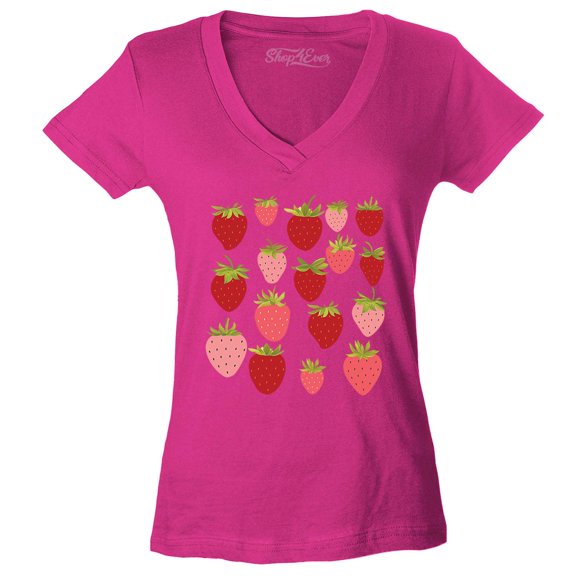 Shop4Ever Women's Strawberry Cottagecore Slim Fit V-Neck T-Shirt X-Large Pink