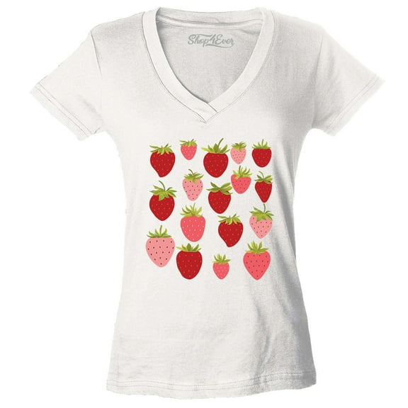 Shop4Ever Women's Strawberry Cottagecore Slim Fit V-Neck T-Shirt XX-Large White
