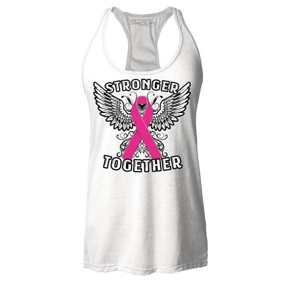 Shop4Ever Women's Stronger Together Breast Cancer Awareness Racerback Tank Top Medium White