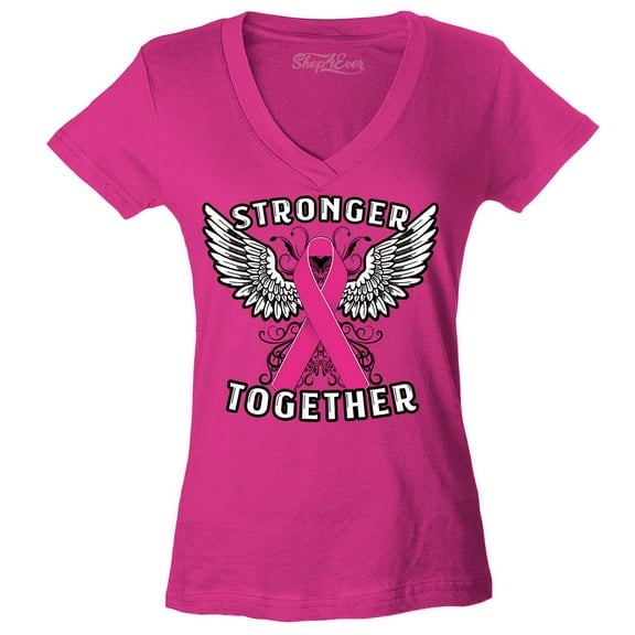 Shop4Ever Women's Stronger Together Breast Cancer Awareness Slim Fit V-Neck T-Shirt Medium Pink