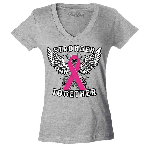 Shop4Ever Women's Stronger Together Breast Cancer Awareness Slim Fit V-Neck T-Shirt Medium Sports Grey