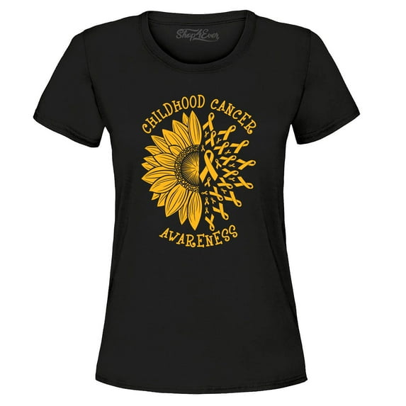 Shop4Ever Women's Sunflower Gold Ribbon Graphic T-Shirt Small Black