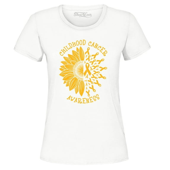 Shop4Ever Women's Sunflower Gold Ribbon Graphic T-Shirt XX-Large White