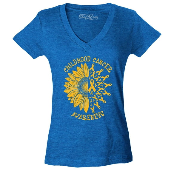 Shop4Ever Women's Sunflower Gold Ribbon Slim Fit V-Neck T-Shirt Large Heather Royal Blue