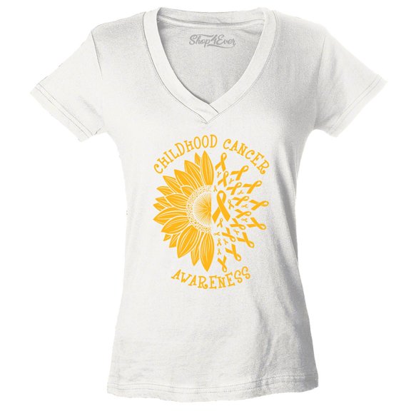 Shop4Ever Women's Sunflower Gold Ribbon  Slim Fit V-Neck T-Shirt Medium White
