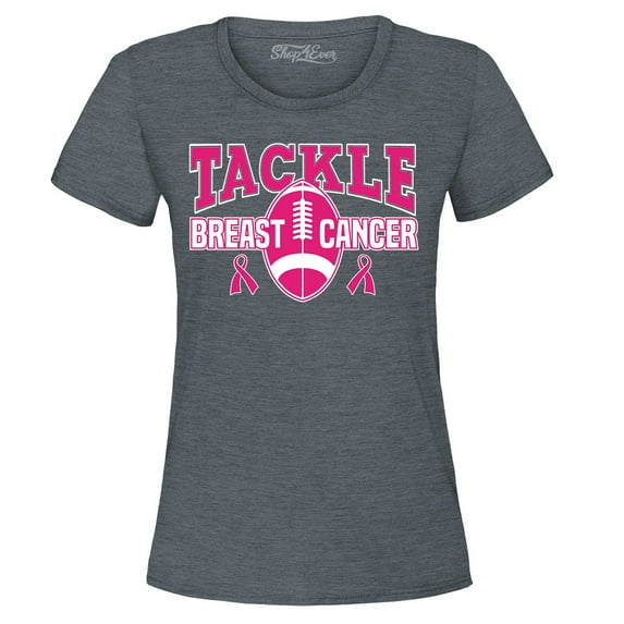 Shop4Ever Women's Tackle Breast Cancer Ribbon Awareness Graphic T-Shirt Medium Dark Heather