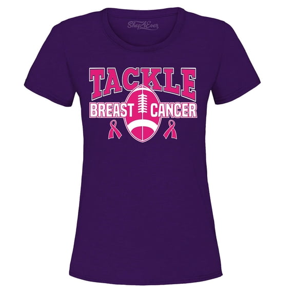 Shop4Ever Women's Tackle Breast Cancer Ribbon Awareness Graphic T-Shirt Small Purple