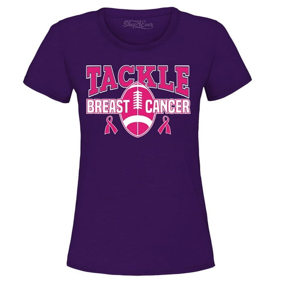 Shop4Ever Women's Tackle Breast Cancer Ribbon Awareness Graphic T-Shirt X-Large Purple