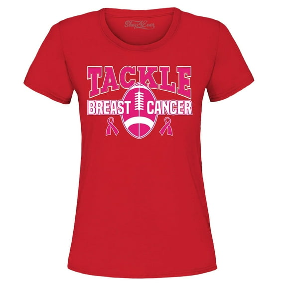 Shop4Ever Women's Tackle Breast Cancer Ribbon Awareness Graphic T-Shirt X-Large Red