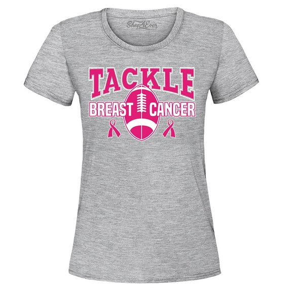 Shop4Ever Women's Tackle Breast Cancer Ribbon Awareness Graphic T-Shirt XX-Large Sports Grey
