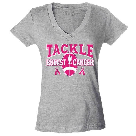 Shop4Ever Women's Tackle Breast Cancer Ribbon Awareness Slim Fit V-Neck T-Shirt Small Sports Grey
